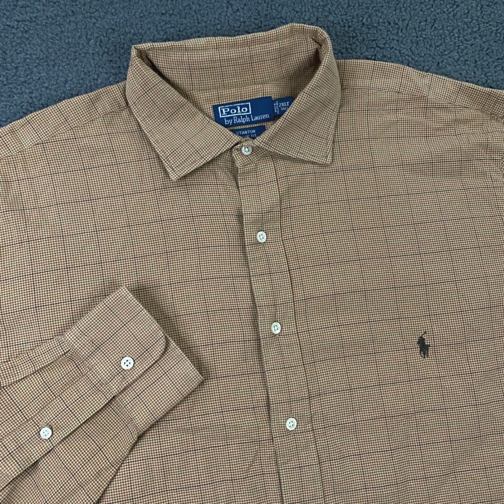 Polo Ralph Lauren Stanton Shirt Mens 2XLT Tan Micro Check Plaid Pony Vintage